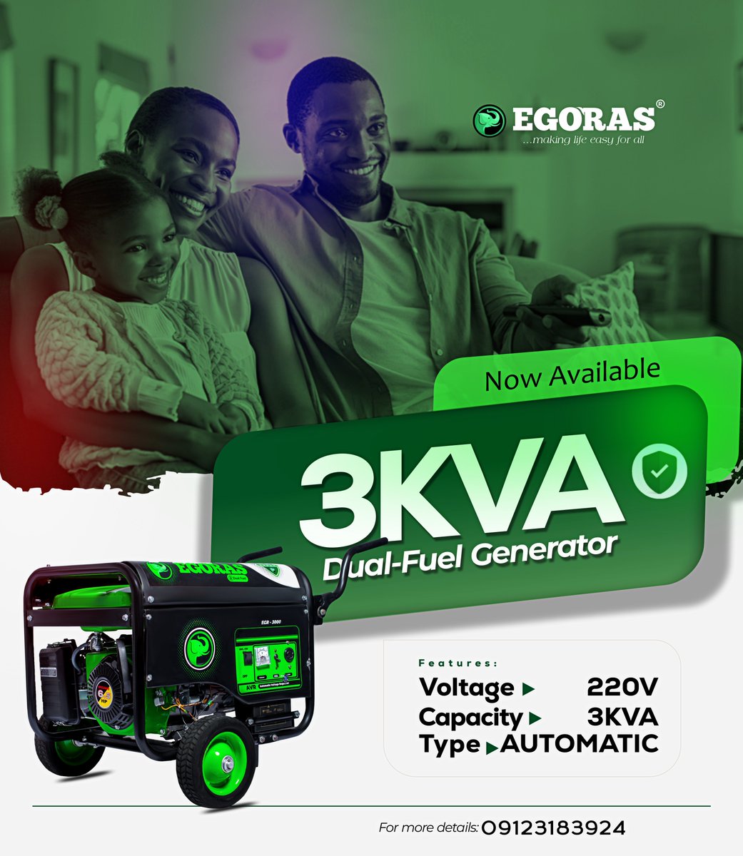 egorasHQ's tweet photo. Do you know? 🤔

The Egoras 3kVA Dual-Fuel Generator has all it takes to keep you and your family happy 

> Constant power, 
> Low fuel cost, and 
> Quiet operation! 🔋💨
Make haste, it's available now!

Telegram: https://t.co/UhLWdl7DFA
📞 Call: 09123183924 https://t.co/1LZ21W7d0P