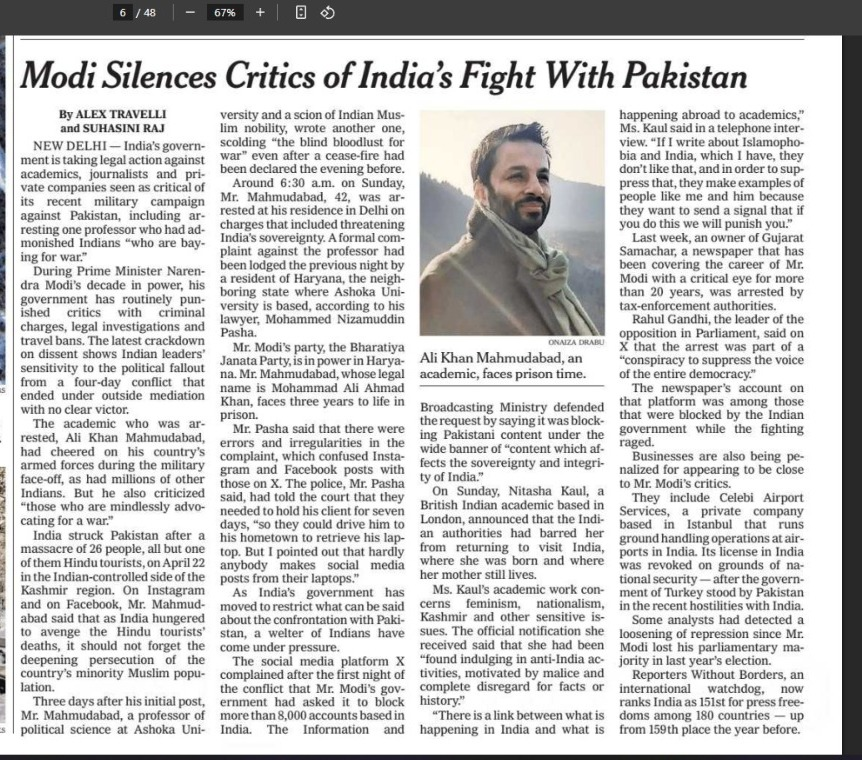 sunetra choudhury (@sunetrac) on Twitter photo Major coverage of <a href="/Mahmudabad/">Ali Khan Mahmudabad</a> in NYT and Financial Times today. It may get very awkward for our MPs if EU and the US ask why India arrests an academic for posting his personal views on his socials Major coverage of <a href="/Mahmudabad/">Ali Khan Mahmudabad</a> in NYT and Financial Times today. It may get very awkward for our MPs if EU and the US ask why India arrests an academic for posting his personal views on his socials