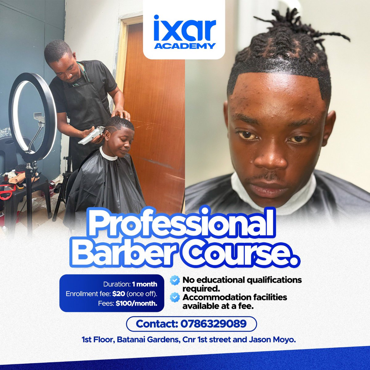 IxarAcademy's tweet photo. Join our Professional Barber course starting on the 2nd of June in Harare and empower yourself with a skill with limitless earning opportunities. Register now on 0786329089. https://t.co/8BYS0t7iqM