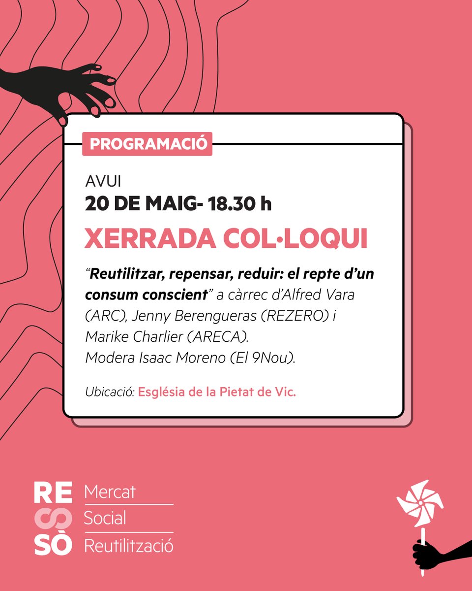🕛 Avui, a les 18.30 h, a la Pietat de Vic, xerrada col·loqui “Reutilitzar, repensar, reduir: el repte d’un consum conscient”, amb <a href="/alfredvara/">Alfred Vara</a>, Jenny Berengueras de @rezerocat, Marike Charlier d’ <a href="/associacioaREca/">aREca</a> 

Modera Isaac Moreno d’<a href="/el9nou/">El 9 Nou</a>.