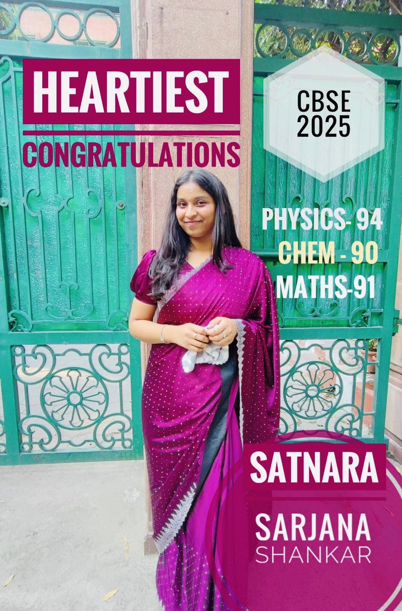SatnaraAcademy's tweet image. Meet Sarjana Shankar #cbsetopper #CBSE2025
Physics- 94, Chem- 90, Mathematics- 91

Satnara IIT AIIMS Academy is the Best Coaching Institute in Mayur Vihar, East Delhi for IIT JEE Mains Advanced NEET CUET CBSE SAT Olympiads BITSAT Preparations 📖 📚 🎯 
#BestIITJEECoachingInDelhi