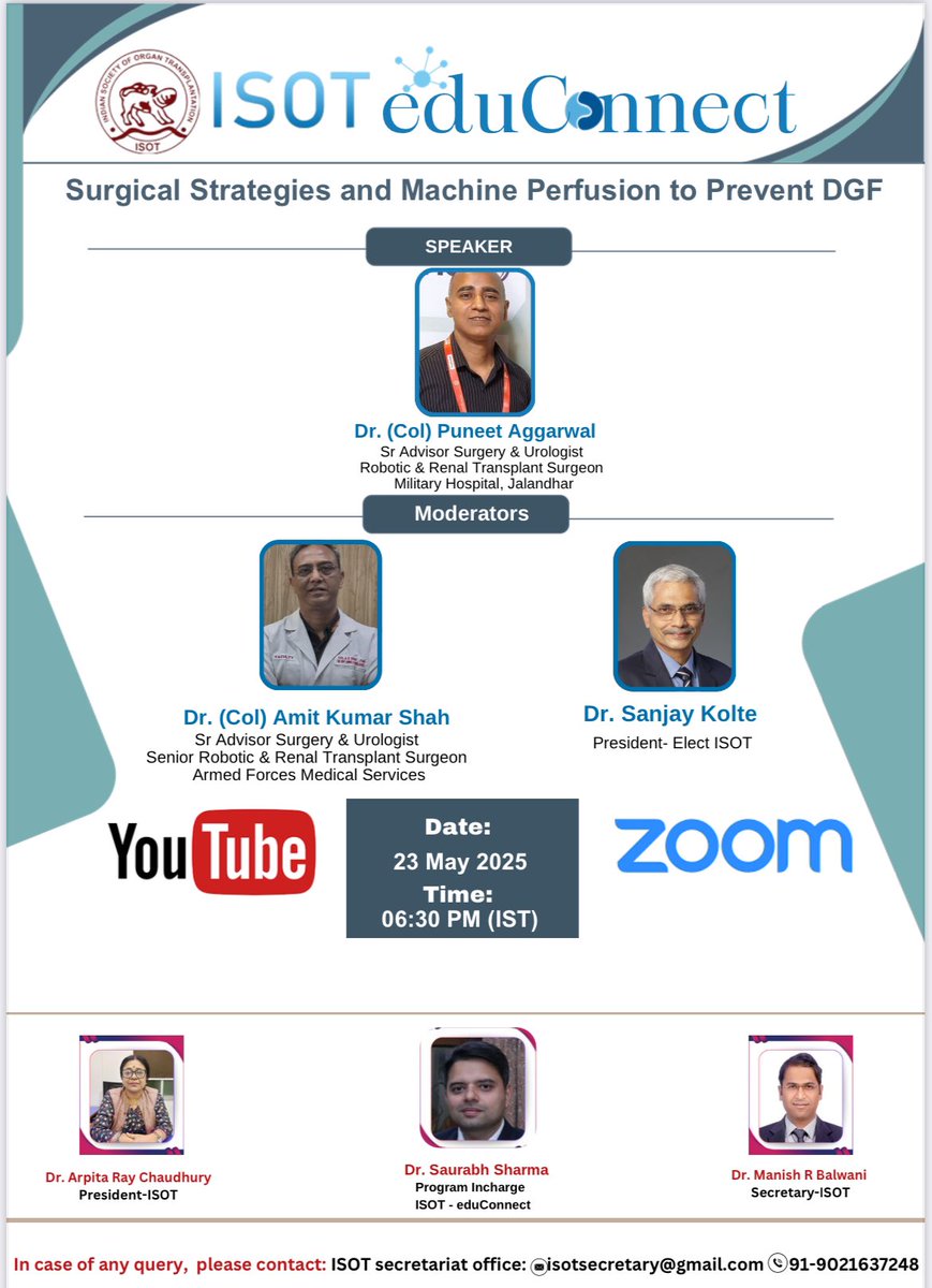💥Gear up for next ISOT eduConnect on surgical strategies and machine perfusion to prevent DGF

📆 23 May 2025
🕰️ 06:30 pm IST

🔗 Zoom- us06web.zoom.us/j/%0A850635400……

🔴 live streaming at YouTube