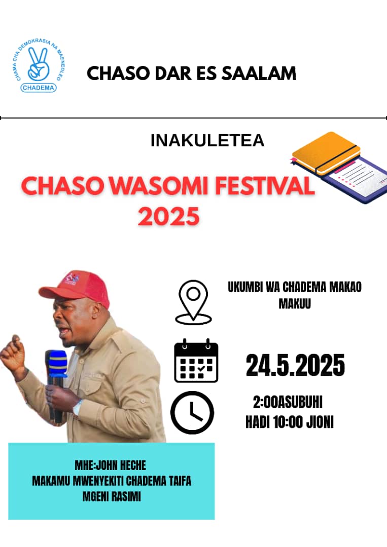 CHASO DAR ES SALAAM (@darchaso) on Twitter photo Kongamano kongamano vijana wote wa vyuo vikuu vyuo vya kati na secondary tunakutana tarehe 24/5 makao makuu ya CHADEMA mikocheni kujadili masuala yetu vijana na muelekeo mgeni rasmi atakua <a href="/HecheJohn/">John Heche</a> pamoja na safu nzima ya <a href="/bavicha_taifa/">Official Bavicha Taifa</a> .
Don't plan to miss you gonna miss vibe. Kongamano kongamano vijana wote wa vyuo vikuu vyuo vya kati na secondary tunakutana tarehe 24/5 makao makuu ya CHADEMA mikocheni kujadili masuala yetu vijana na muelekeo mgeni rasmi atakua <a href="/HecheJohn/">John Heche</a> pamoja na safu nzima ya <a href="/bavicha_taifa/">Official Bavicha Taifa</a> .
Don't plan to miss you gonna miss vibe.