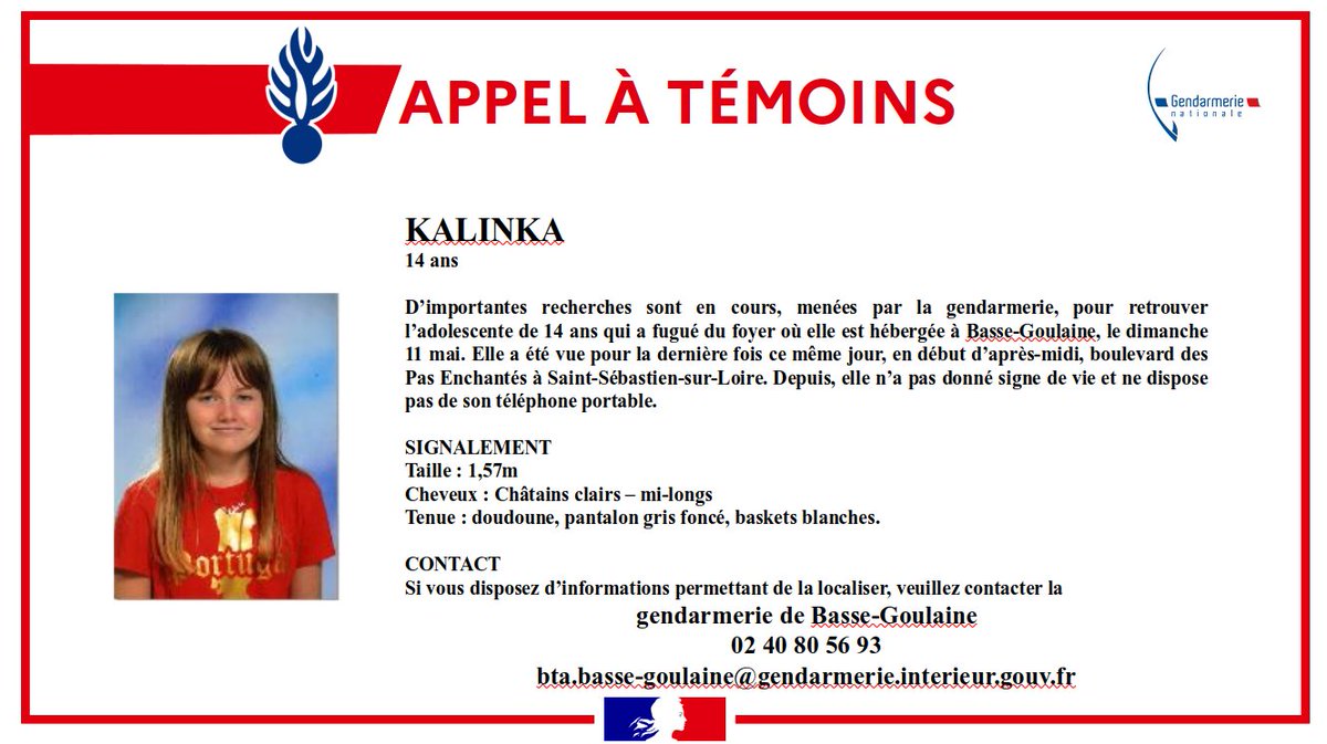 36_qdo's tweet photo. 🚨 La @Gendarmerie_044 lance un appel à témoins pour retrouver Kalinka, âgée de 14 ans 👇 https://t.co/3lSULKpLuv