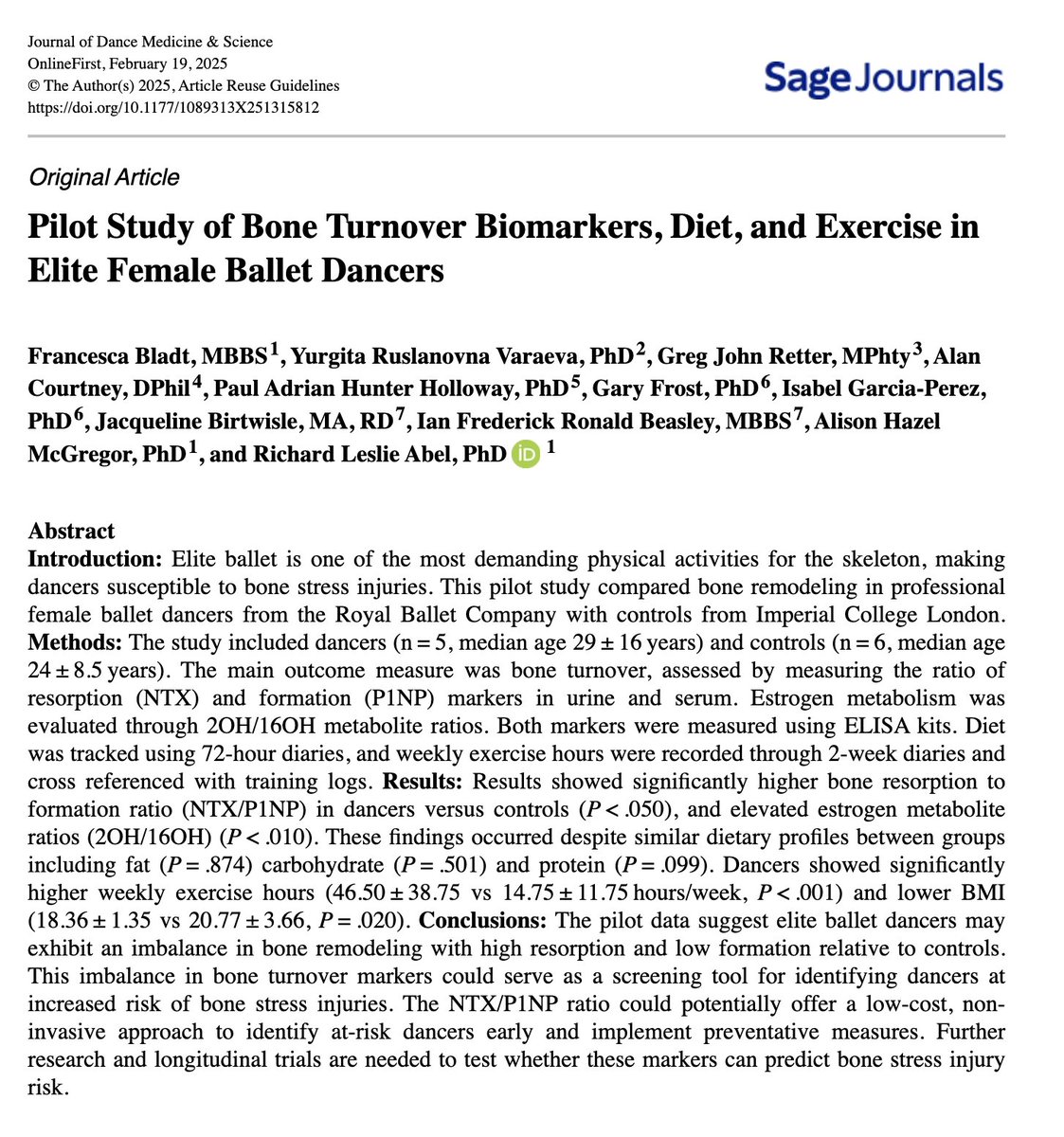 Richie Abel (@richie_abel) on Twitter photo New research in <a href="/JDMS_IADMS/">Journal of Dance Medicine & Science</a> shows elite ballet dancers have higher bone resorption-to-formation ratios (NTX/P1NP) despite similar diets to non-dancers. This imbalance could serve as a screening tool to identify dancers at risk for bone stress injuries. #DanceMedicine #BoneHealth New research in <a href="/JDMS_IADMS/">Journal of Dance Medicine & Science</a> shows elite ballet dancers have higher bone resorption-to-formation ratios (NTX/P1NP) despite similar diets to non-dancers. This imbalance could serve as a screening tool to identify dancers at risk for bone stress injuries. #DanceMedicine #BoneHealth