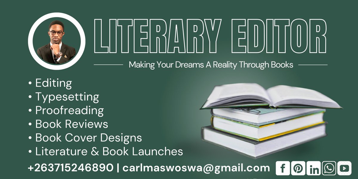 CarlMaswoswa's tweet image. Are you looking for an Editor to perfect your work? Look no further, distance is not a barrier | #CarlMaswoswa | #BookEditing | #BookPublishing | #Typesetting | #Proofreading | #BookReviews | #BookLaunchFacilitation | #Zim | #TurningRawManuscriptsIntoBooks