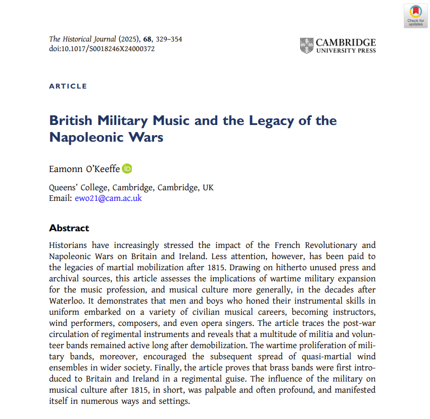 The Historical Journal (@historicaljnl) on Twitter photo 📘From our latest issue!
Eamonn O’Keeffe (<a href="/1812andallthat/">Eamonn O'Keeffe</a>) (<a href="/QueensCam/">Queens' College</a>) on 'British Military Music and the Legacy of the Napoleonic Wars'
#Music #Musicians #Wartime #Bands 🥁🎶
👉Read open access: cambridge.org/core/journals/… 📘From our latest issue!
Eamonn O’Keeffe (<a href="/1812andallthat/">Eamonn O'Keeffe</a>) (<a href="/QueensCam/">Queens' College</a>) on 'British Military Music and the Legacy of the Napoleonic Wars'
#Music #Musicians #Wartime #Bands 🥁🎶
👉Read open access: cambridge.org/core/journals/…