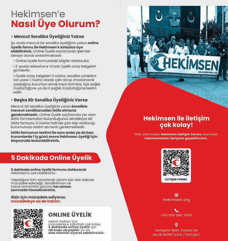 🩺 Hekimsen Online Üyelik 

Hekimsen olarak;
🔹 Kaybolan mesleki saygınlığımızı yeniden kazanmak,
🔹 Verilmeyen ya da kaybedilen özlük haklarımızı elde etmek,
🔹 Sağlık politikalarında hekimlerin sesi olmak,
🔹 Güvenli çalışma ortamı için yasal düzenlemeleri hayata geçirmek,
🔹