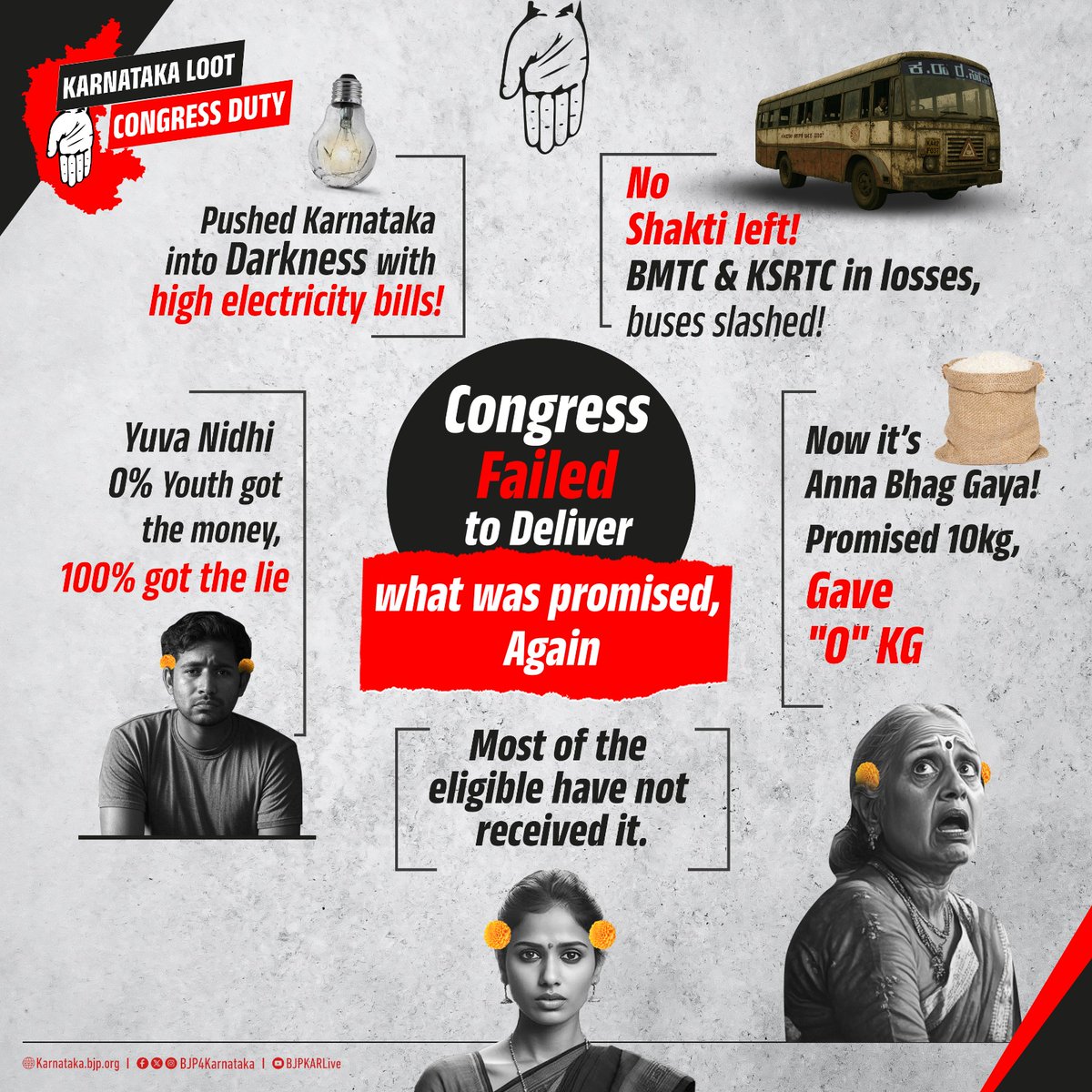 BJP4Karnataka's tweet photo. 10kg rice? 0 delivered. Yuva Nidhi? Still waiting. Free buses? Numbers slashed. Bills? Sky-high. ₹2000 scheme? Most got nothing. Congress broke everything — except their habit of lying.
#2YearsOfCongressLoot #CongressDisaster https://t.co/UknrdXE9t2