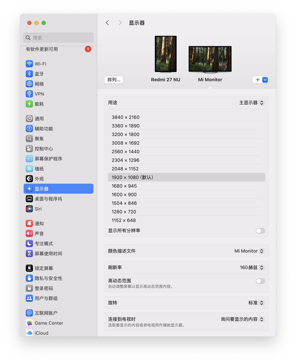 Mac Mini 现在接了两台红米 4k 显示器，旧的 A27U 竖屏用，新款 G27U 4K 160Hz 横屏用，颜色基本一致，160Hz 到 60Hz 流畅度的差距很明显，4k 高刷是真香。