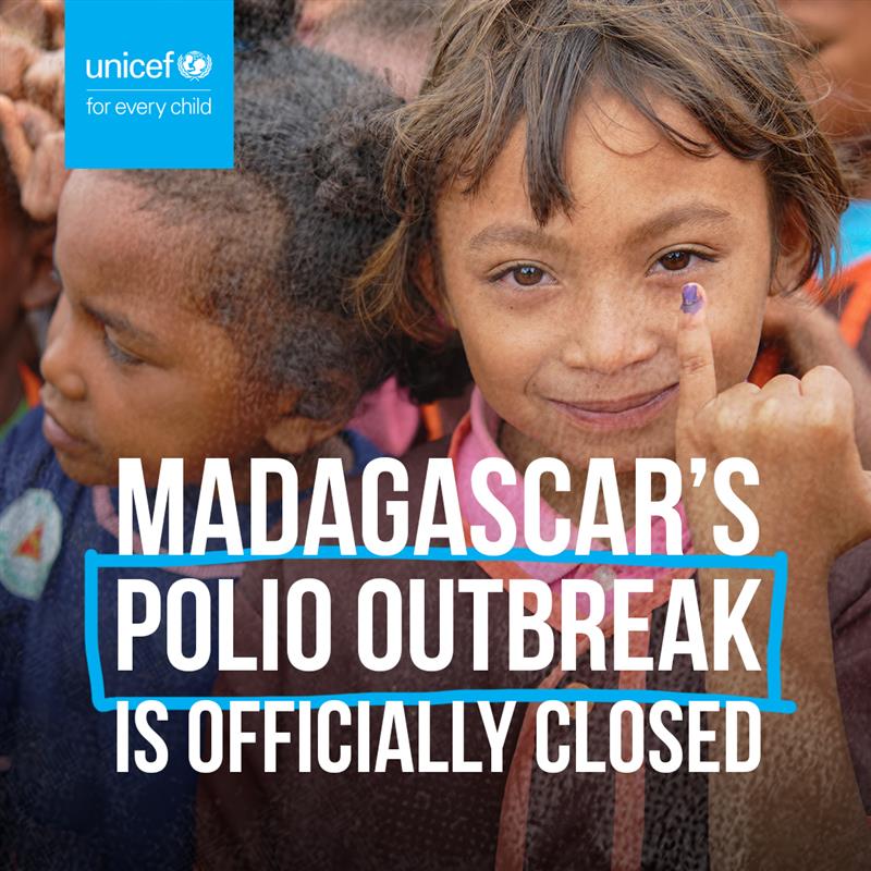 Eva Kadilli (@evaunicef) on Twitter photo Congratulations to Madagascar on ending the polio outbreak!
Over 19M people reached and 95% vaccination coverage, thanks to strong government leadership, health worker heroes & support from <a href="/CDCGlobal/">CDC Global Health</a> <a href="/gatesfoundation/">Gates Foundation</a> <a href="/gavi/">Gavi, the Vaccine Alliance</a> <a href="/Rotary/">Rotary International</a> <a href="/UNICEF/">UNICEF</a> <a href="/WHOAFRO/">WHO African Region</a>.
bit.ly/438z1t3 Congratulations to Madagascar on ending the polio outbreak!
Over 19M people reached and 95% vaccination coverage, thanks to strong government leadership, health worker heroes & support from <a href="/CDCGlobal/">CDC Global Health</a> <a href="/gatesfoundation/">Gates Foundation</a> <a href="/gavi/">Gavi, the Vaccine Alliance</a> <a href="/Rotary/">Rotary International</a> <a href="/UNICEF/">UNICEF</a> <a href="/WHOAFRO/">WHO African Region</a>.
bit.ly/438z1t3