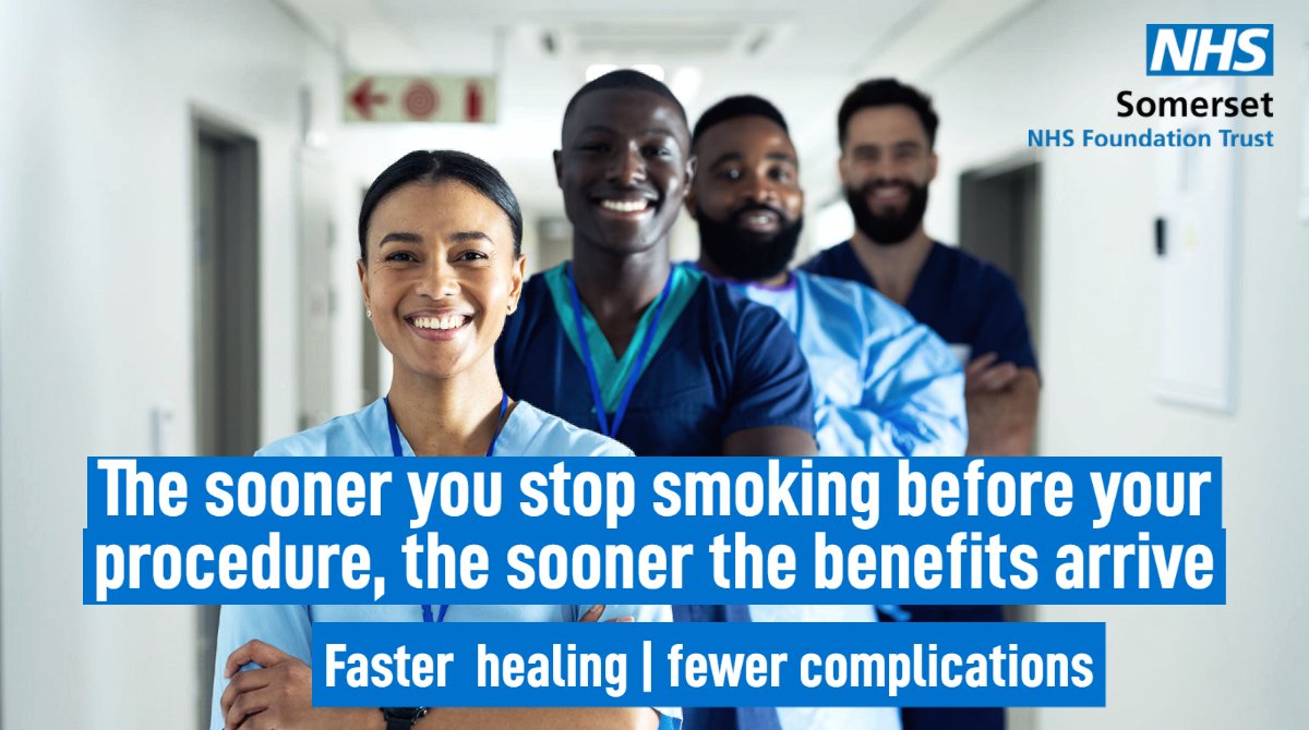 Stopping smoking before a hospital procedure can significantly reduce the risk of complications and promotes faster healing💪

Up to 12 weeks stop smoking support is available in Somerset🚭

#quitsmoking #somersetft #somerset #smokefree #stopsmoking #procedure #nhs #health