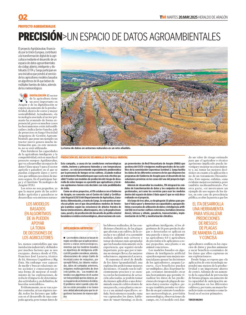 Instituto Tecnológico de Aragón (@ita_tecnologia) on Twitter photo Esta semana en <a href="/milenioheraldo/">Tercer Milenio</a>
<a href="/AgriDataValue/">AgriDataValue</a> con <a href="/ITA_tecnologia/">Instituto Tecnológico de Aragón</a> #SARGA
<a href="/FJLacueva/">Francisco Lacueva</a> <a href="/jsanchoroyoEU/">@jsanchoroyo</a> #GorkaLabata
🌳💻🛰️Un espacio de datos agroambientales e #IA para predecir cuándo atacará una plaga a tu cultivo y evitarlo
#tecnología #agricultura #agro Esta semana en <a href="/milenioheraldo/">Tercer Milenio</a>
<a href="/AgriDataValue/">AgriDataValue</a> con <a href="/ITA_tecnologia/">Instituto Tecnológico de Aragón</a> #SARGA
<a href="/FJLacueva/">Francisco Lacueva</a> <a href="/jsanchoroyoEU/">@jsanchoroyo</a> #GorkaLabata
🌳💻🛰️Un espacio de datos agroambientales e #IA para predecir cuándo atacará una plaga a tu cultivo y evitarlo
#tecnología #agricultura #agro