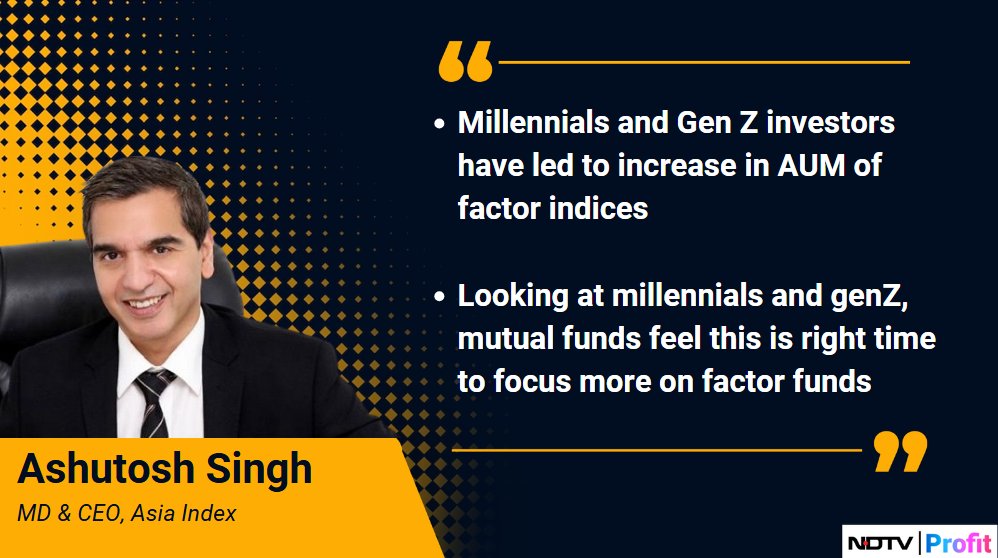 NDTVProfitAlpha's tweet photo. Millennials and Gen Z investors have led to increase in AUM of factor indices, says #AsiaIndex's Ashutosh Singh.
For the latest news and updates, visit https://t.co/by4FF5oyu4 https://t.co/NL1cVKruF5