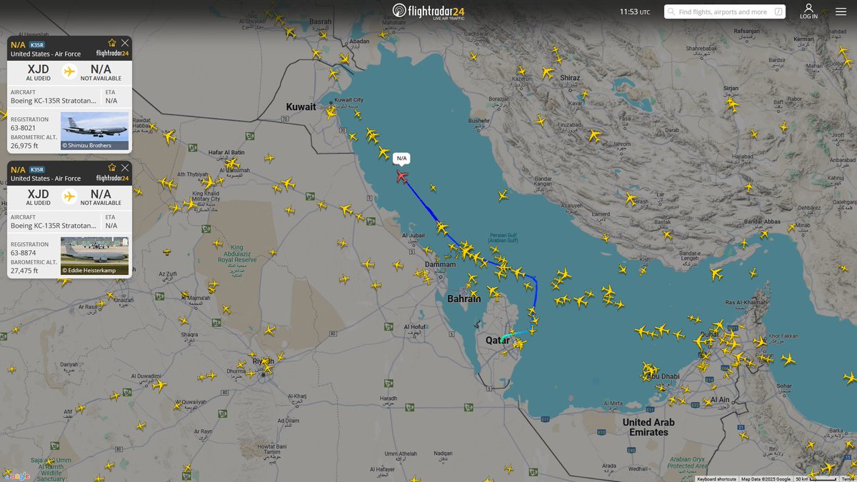 AIYeyENGDdJkjTr's tweet photo. May 20, 2025
#Diego Garcia #Al-Udeid Air Base ==>
#Fairchild Air Force Base, WA
#NoCALLSIGN #AE0241 USAF KC-135R Stratotanker
#NoCALLSIGN #AE062C USAF KC-135R Stratotanker https://t.co/V29JFrdPlc
