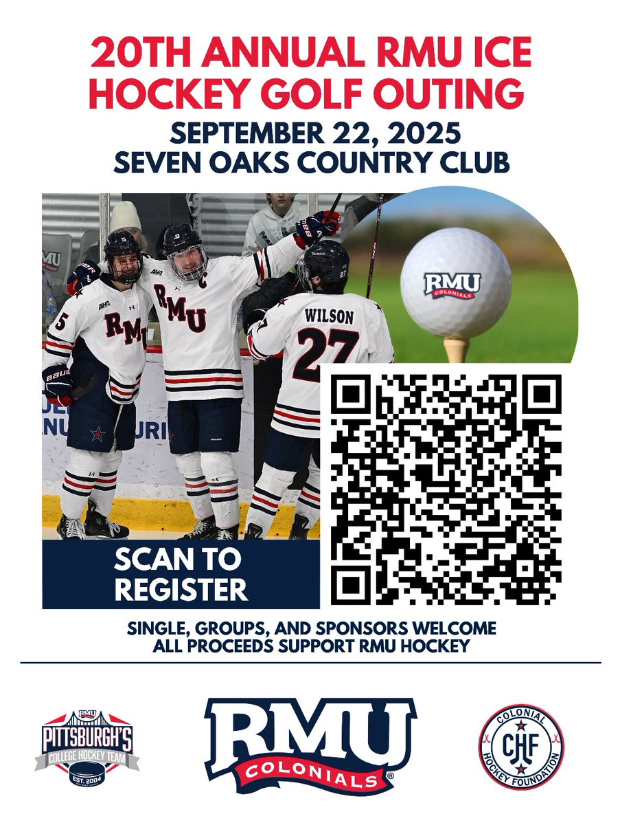 Tee Off for RMU Hockey's 20th Anniversary Golf Outing!

Monday September 22, 9am, Seven Oaks Country Club.

Support RMU Hockey by playing in and/or sponsoring the 20th annual outing, which is being presented by Freuhauf Manufacturing! 

rmucolonials.com/news/2025/5/9/…

#RMUHOGO20