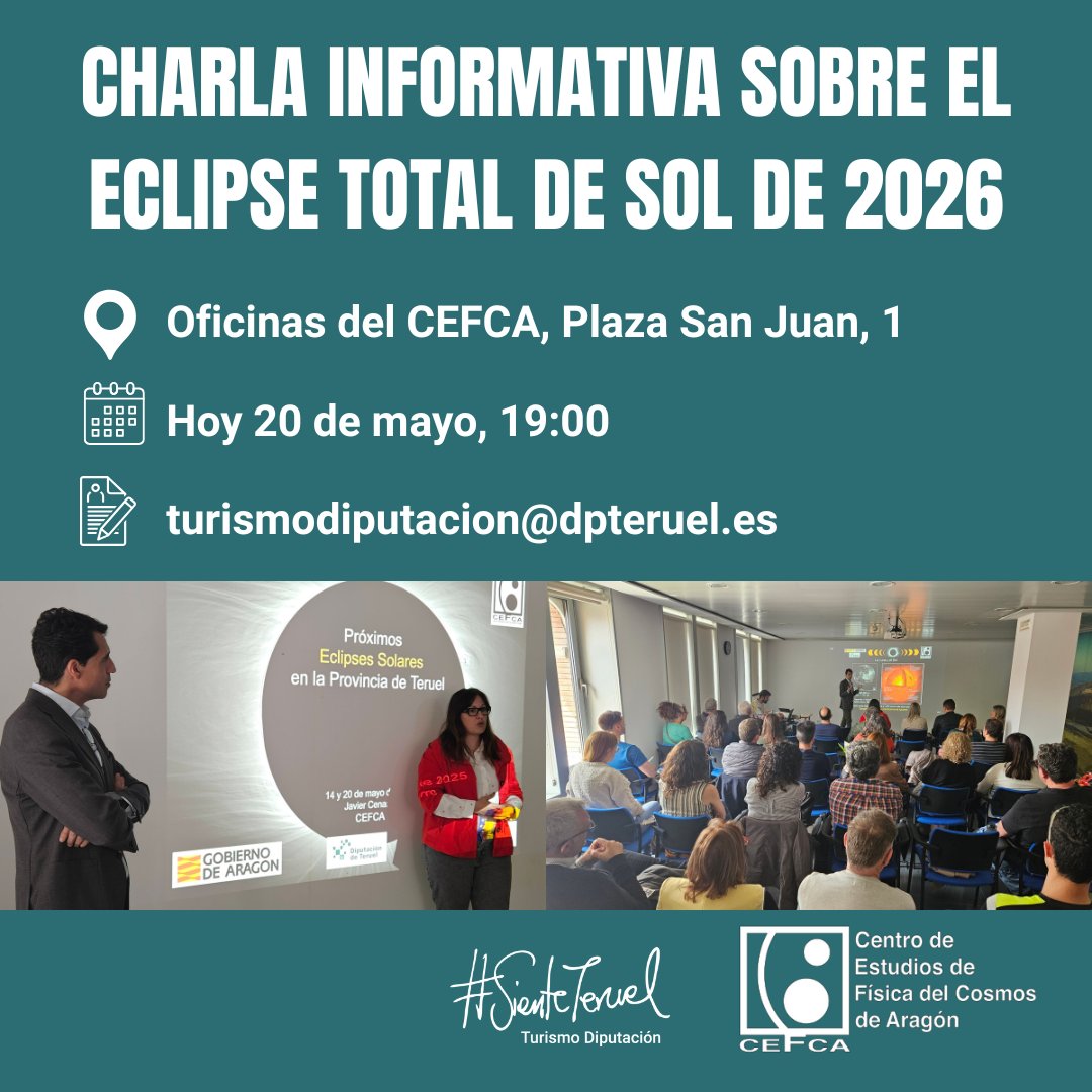 DPTeruel's tweet image. SIENTE TERUEL ❤️

Hoy se celebra la segunda charla informativa sobre el eclipse solar de 2026 en colaboración de la DPT y CEFCA. Comenzará a las 7 de la tarde en el edificio de CEFCA. Si estás interesado escribe a turismodiputacion@dpteruel.es.

#Eclipse2026 #CEFCA #SienteTeruel