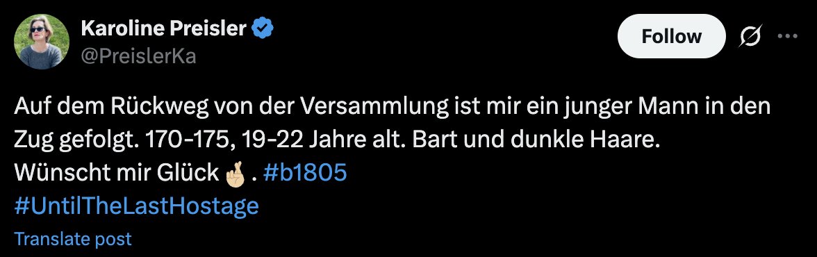 AliDings's tweet photo. Auf dem Rückweg von der Versammlung ist mir eine einsame Frau in den Zug gefolgt. 170-175, 50-55 Jahre alt. Frustriert und unglücklich. Wünscht mir Glück, dass sie mir nicht unnötig die Polizei auf den Hals hetzt 🤞.
#untileveryoneisfree https://t.co/4yILfs67WY