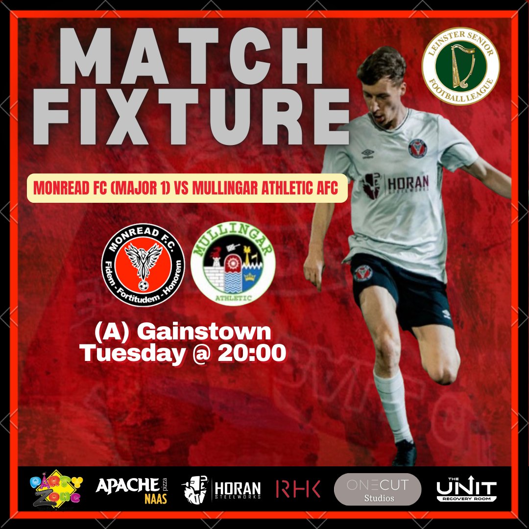 Monread FC (@monread_fc) on Twitter photo A big fixture in the <a href="/LSLLeague/">Leinster Senior League</a> Major 1 Sunday division when we travel to <a href="/MullingarAFC/">Mullingar Athletic</a> tonight.
With only two games remaining in the league, a win could prove crucial in the race for promotion.
Best of luck lads!⚽️🔴⚫️ A big fixture in the <a href="/LSLLeague/">Leinster Senior League</a> Major 1 Sunday division when we travel to <a href="/MullingarAFC/">Mullingar Athletic</a> tonight.
With only two games remaining in the league, a win could prove crucial in the race for promotion.
Best of luck lads!⚽️🔴⚫️