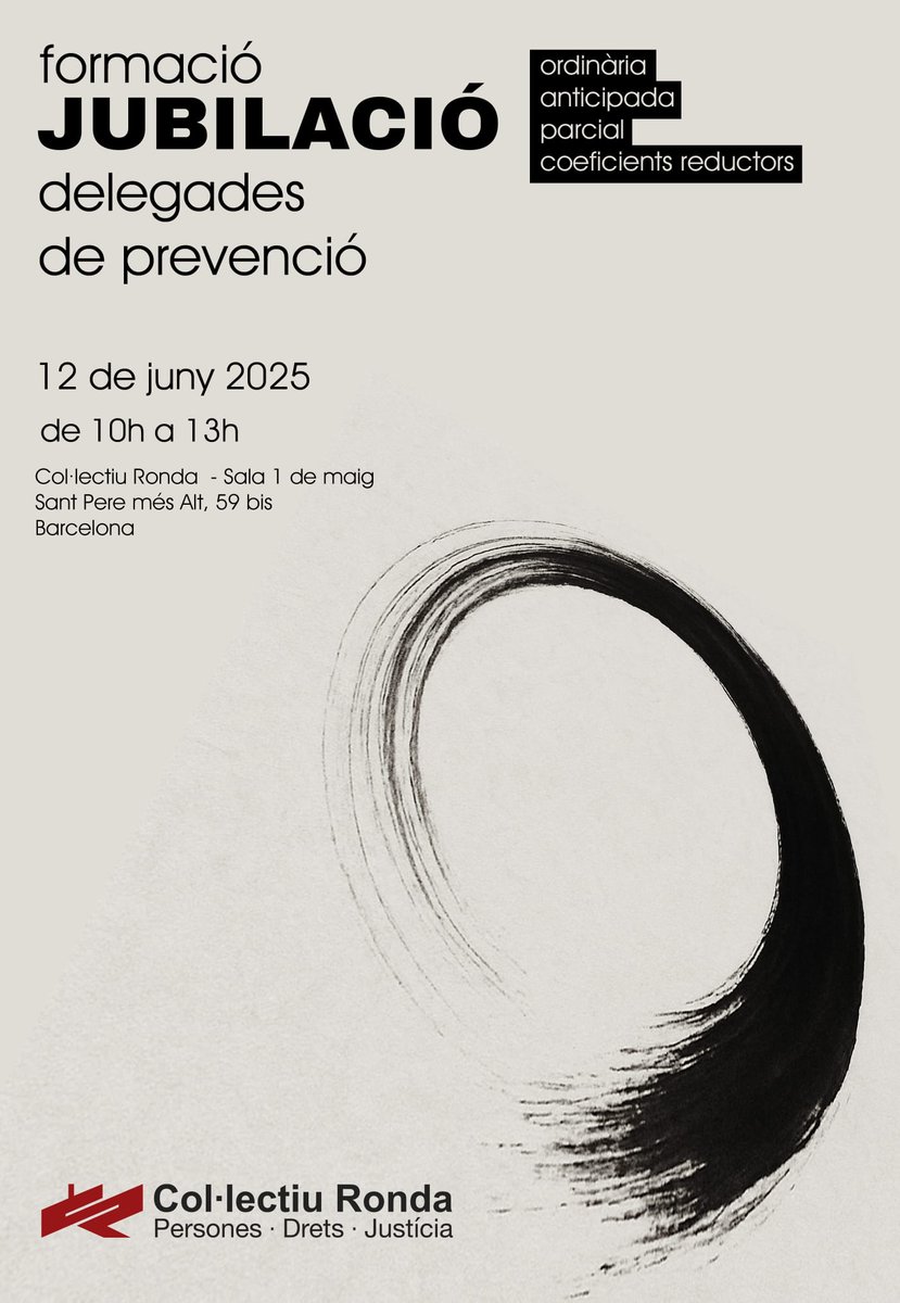 El 12 de juny de 10 a 13h farem una formació de Jubilacio (ordinària, anticipada, parcial, coeficients reductors, ..) al <a href="/CollectiuRonda/">Col·lectiu Ronda</a> per Delegats de Prevenció.
👇✊️👊