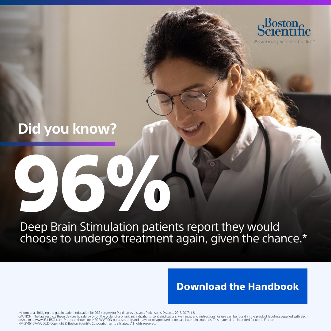 96% of DBS patients would choose it again.¹
Our Referral Guide supports timely, informed conversations on DBS.
📕 Access it here: bostonsci.co/bGUf4jUUhSb

#BSCEMEA #DeepBrainStimulation #DBS

¹doi.org/10.1155/2017/9…