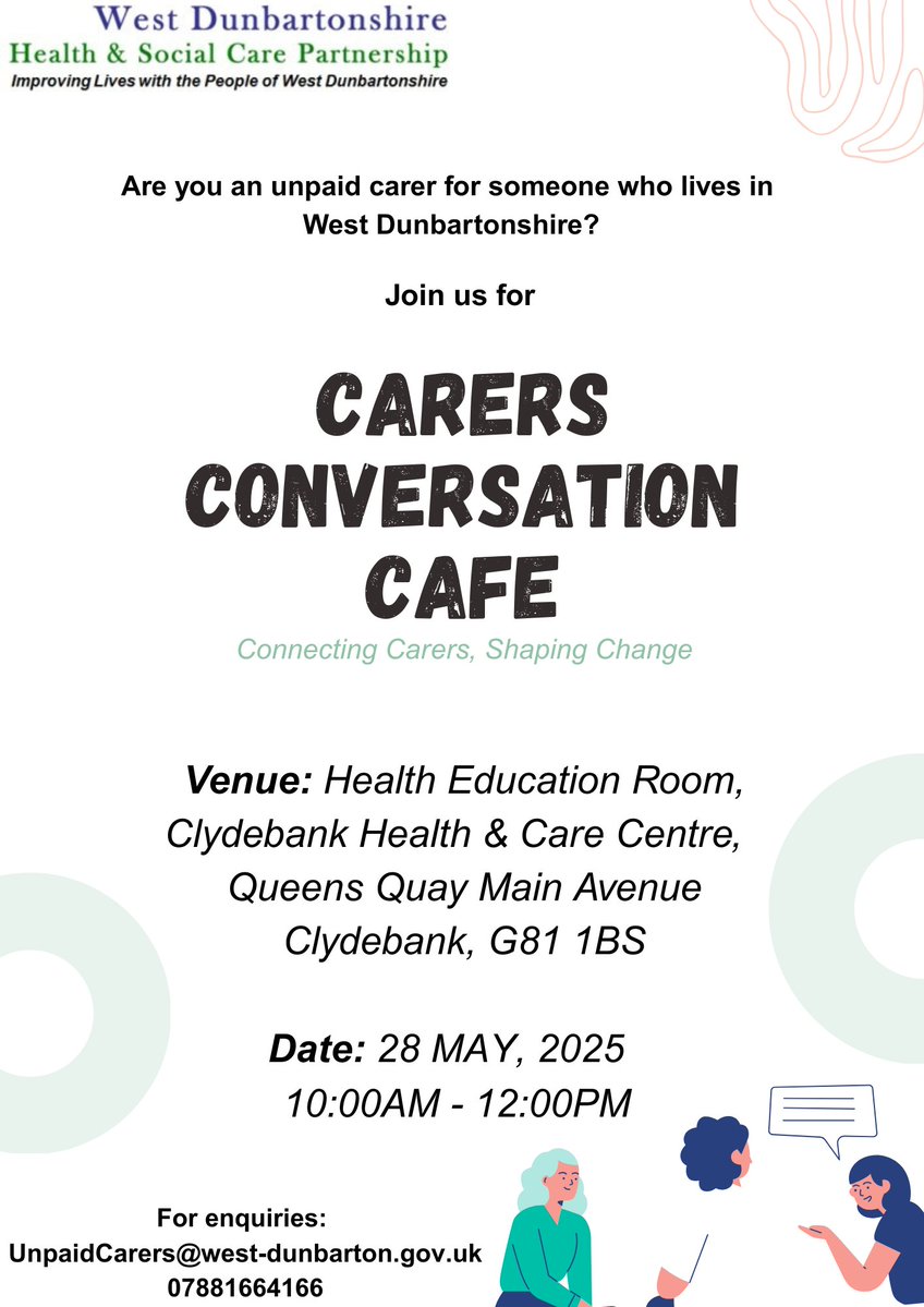 West Dunbartonshire Health+Social Care Partnership (@wdhscp) on Twitter photo Are you an unpaid carer for someone who lives in West Dunbartonshire!
Join us for the Carers Conversation Café on 28th May (10am-12pm) at Clydebank Health & Care Centre.
A safe, informal space to connect, share experiences, and help shape better services for carers.
<a href="/WDCouncil/">West Dunbartonshire Council</a> Are you an unpaid carer for someone who lives in West Dunbartonshire!
Join us for the Carers Conversation Café on 28th May (10am-12pm) at Clydebank Health & Care Centre.
A safe, informal space to connect, share experiences, and help shape better services for carers.
<a href="/WDCouncil/">West Dunbartonshire Council</a>
