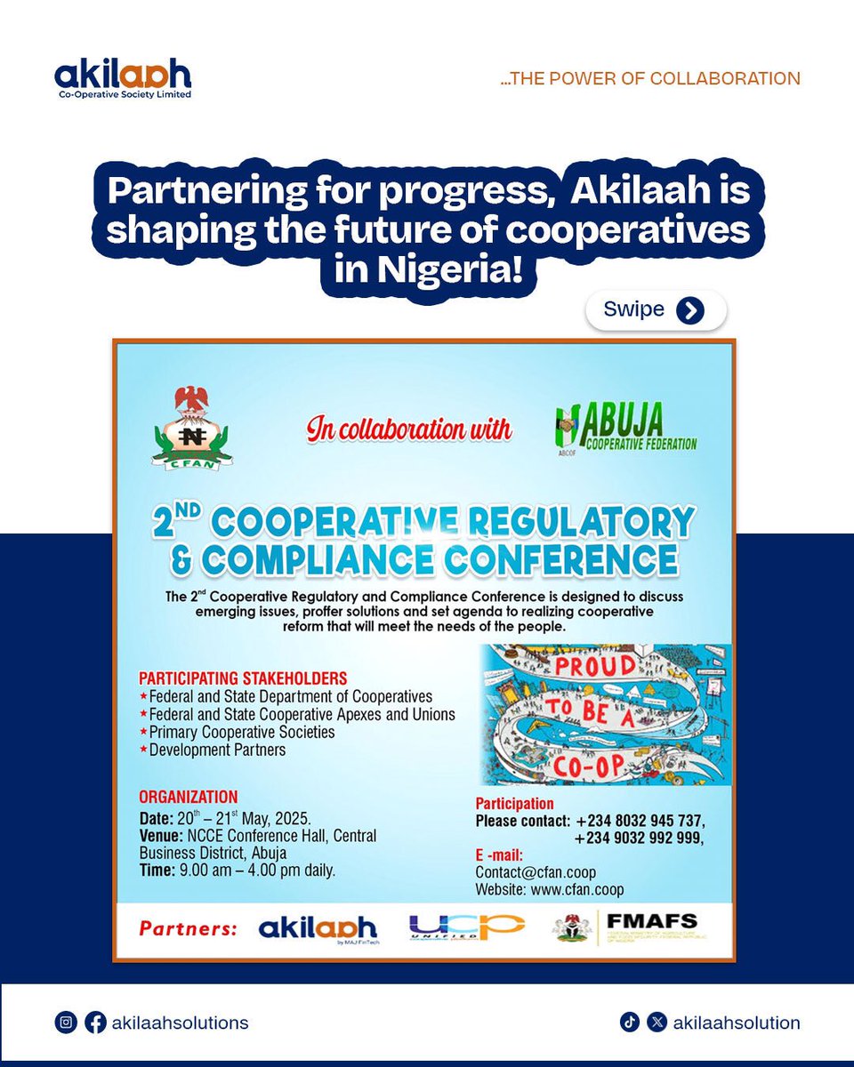 akilaahsolution's tweet photo. Follow @akilaahsolution for more updates and insights!

#Akilaah #NigerianCooperatives #CooperativeDevelopment #AbujaEvents #FinancialInclusion #CommunityDevelopment #PartneringForProgress #ShapeTheFuture https://t.co/lx14pEdsWB