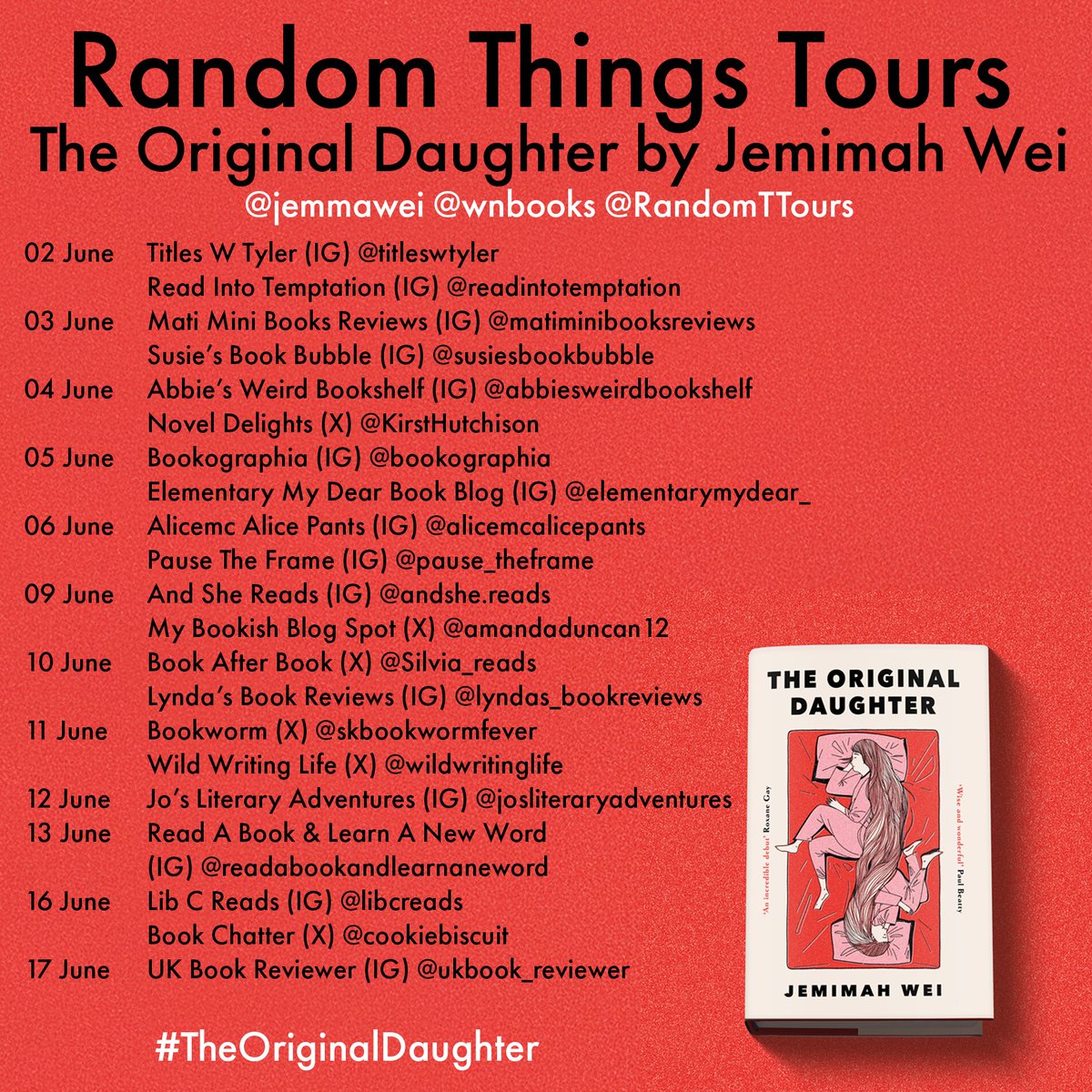 Random Things Tours 🇺🇦 (@randomttours) on Twitter photo Look at this amazing #RandomThingsTours Blog Tour for #TheOriginalDaughter by <a href="/jemmawei/">Jemimah James Wei / 魏信子</a> with <a href="/wnbooks/">W&N</a>
Begins 02 June
<a href="/skbookwormfever/">Laughter and Thunderstorms (skbookwormfever)</a> Look at this amazing #RandomThingsTours Blog Tour for #TheOriginalDaughter by <a href="/jemmawei/">Jemimah James Wei / 魏信子</a> with <a href="/wnbooks/">W&N</a>
Begins 02 June
<a href="/skbookwormfever/">Laughter and Thunderstorms (skbookwormfever)</a>