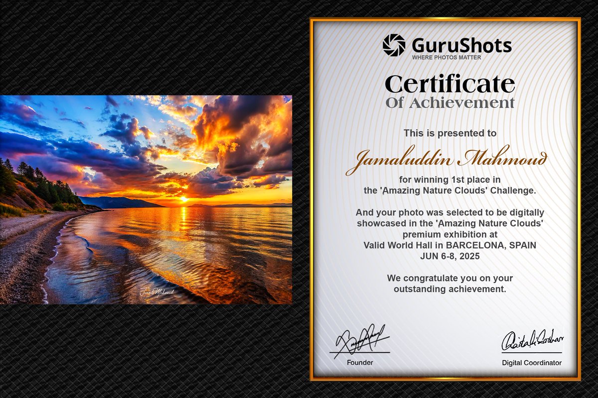 الحمد لله..
الفوز بالمركز الأول في تحدي "غيوم الطبيعة المذهلة Amazing Nature Clouds" بموقع GuruShots للتصوير الفوتوجرافي..
واختيار صورتي للعرض في معرض "Valid World Hall" في برشلونة؛ أسبانيا..
من 6 إلى 8 يونيو 2025..