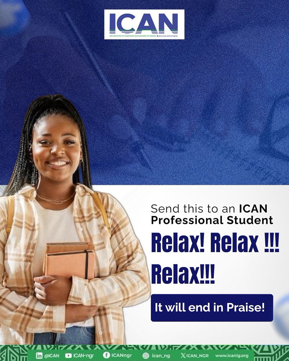 ICAN_NGR's tweet photo. To our exceptional ICAN Professional Students,

Today is the day! Exam season is here, and we believe in you even more than accountants believe in double entry.

The nerves are real. We get it. But remember: a relaxed mind unlocks sharp thinking.

You have studied, prepared, and pushed. Now, it is time to let your brilliance shine.
Walk in bold, stay grounded, and let your hard work speak volumes.

You have GOT this and we are proudly rooting for you.
All the very best!