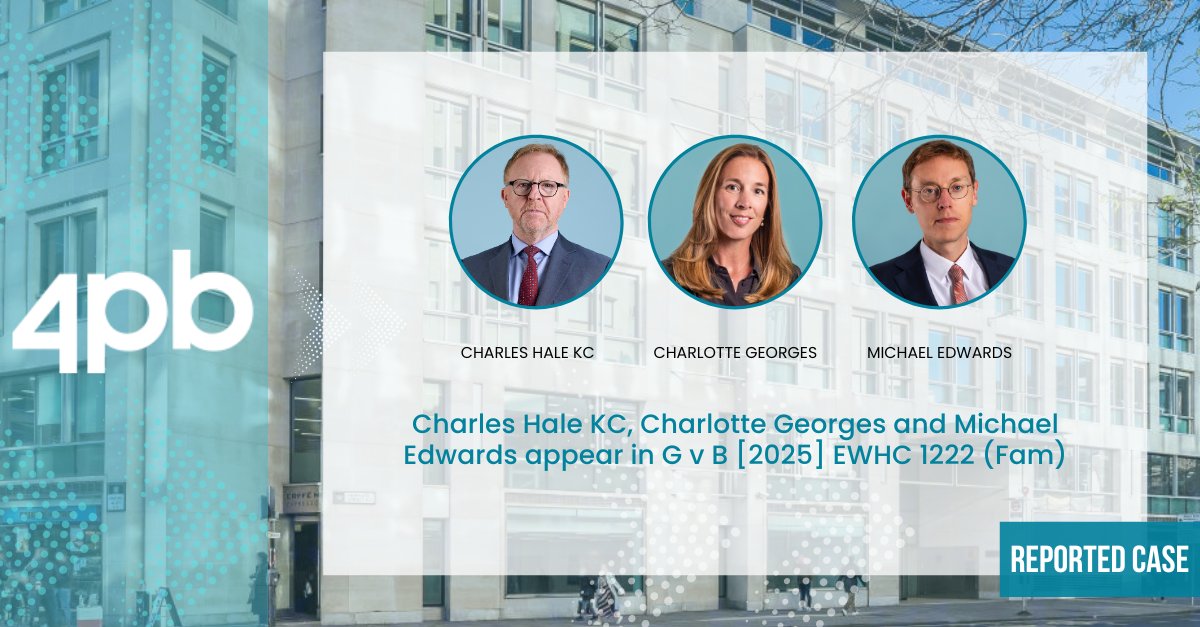 Charles Hale KC (<a href="/twitbarrister/">Charles Hale KC</a>) and Charlotte Georges appeared for the applicant, and Michael Edwards (<a href="/ME_Barrister/">Michael Edwards</a>) appeared for the respondent in G v B [2025] EWHC 1222 (Fam) before Peel J, a child abduction case from Dubai brought under the inherent jurisdiction.

Read the