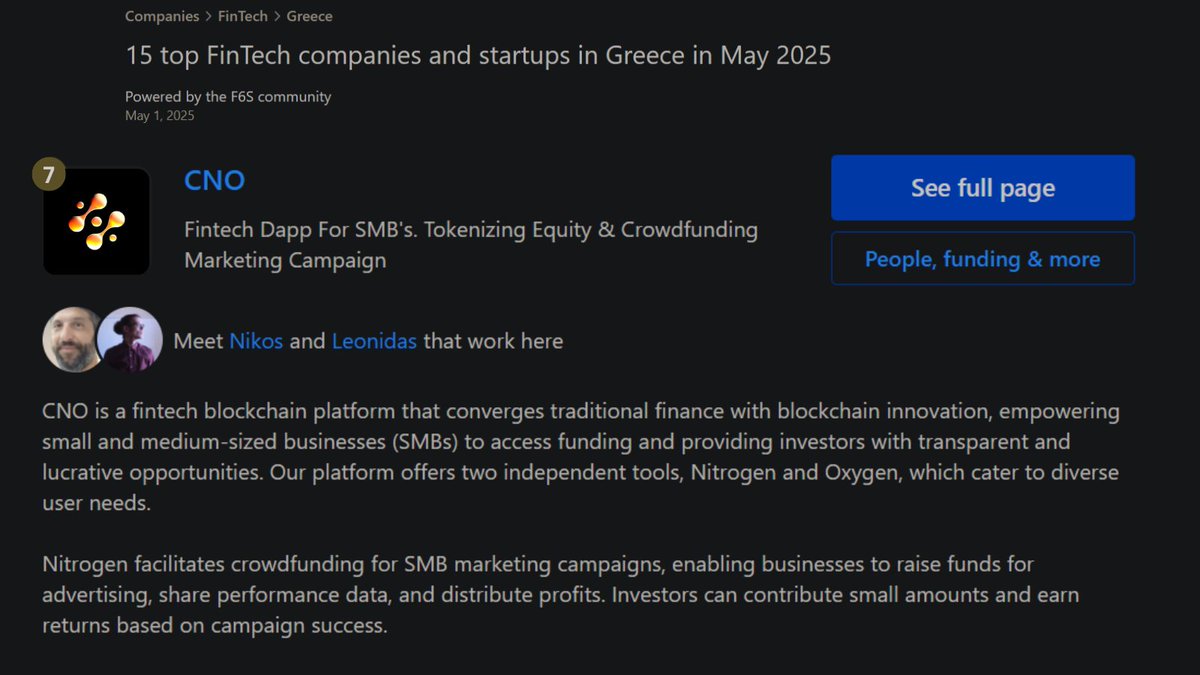 We’re thrilled to share that CNO has been acknowledged by F6S's May 2025 rankings, among huge banks and insurance companies, as one of Greece’s Top 15 Fintech Companies, securing the #7 spot,

Explore the complete list of groundbreaking companies here:
f6s.com/companies/fint…