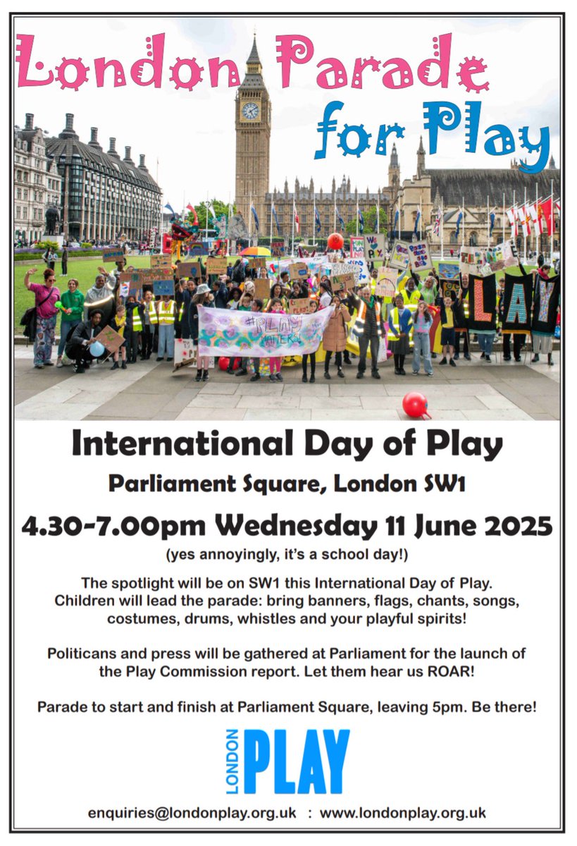 London Play (@londonplay) on Twitter photo Who's with us on June 11 #InternationalDayofPlay? Children will lead the #ParadeforPlay as politicians & press gather in Parliament for the launch of the Play Commission's final report. Let them hear children ROAR!!! <a href="/CfYoungLives/">Centre for Young Lives</a> <a href="/PlayEngland/">Play England</a> <a href="/TomHayesBmouth/">Tom Hayes MP</a> <a href="/Paul_Lindley/">Paul Lindley OBE</a> Who's with us on June 11 #InternationalDayofPlay? Children will lead the #ParadeforPlay as politicians & press gather in Parliament for the launch of the Play Commission's final report. Let them hear children ROAR!!! <a href="/CfYoungLives/">Centre for Young Lives</a> <a href="/PlayEngland/">Play England</a> <a href="/TomHayesBmouth/">Tom Hayes MP</a> <a href="/Paul_Lindley/">Paul Lindley OBE</a>