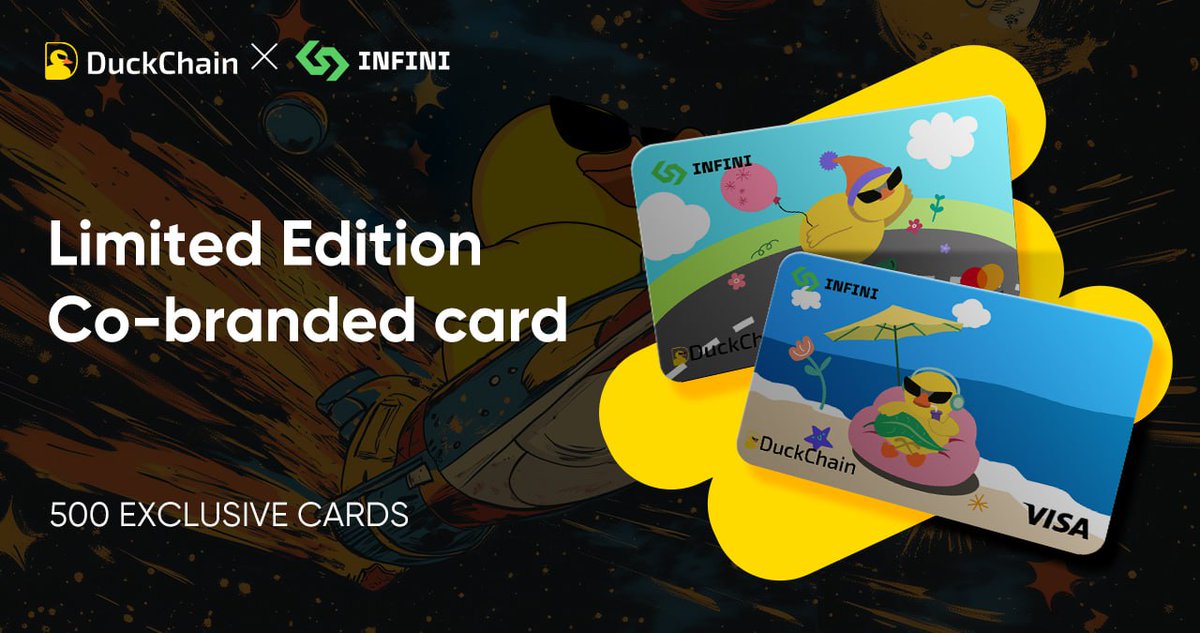 Duck_Chain's tweet photo. DuckChain x Infini Card is now live!

Your crypto. Your card. Ready for the real world.

500 cards.
Exclusively for DuckChain AI DAO Genesis SBT holders.

💳 Spend via Apple Pay, Alipay and more
🚫 No activation fee
🛂 No KYC needed for the first $500
📈 Earn daily yield on idle balance

This isn’t just another crypto card. It’s your gateway to spending on-chain assets like cash.

Apply now → https://t.co/7uxHoW0468

Read more → https://t.co/TydUb2p9eS
