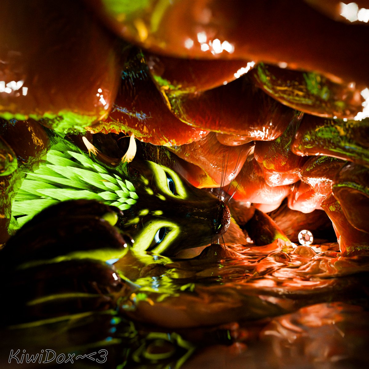 Swallowed head first in to his half mush filled guts... after laying down he decided to check on the progress....     it itches.. it burns.. but i wont go out without a fight.... >///< <3