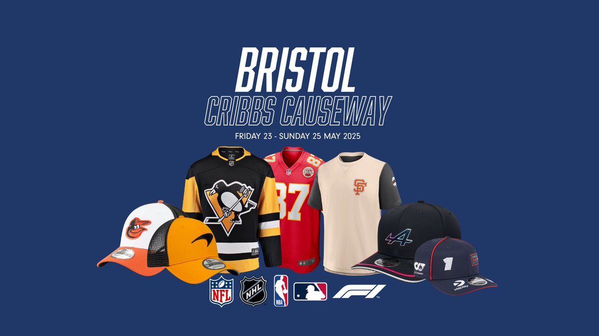 📣 Bristol, it’s happening!
 We’re bringing the Pop Up Shop to Cribbs Causeway this weekend 🔥
 🗓️ Fri 23 – Sat 25 May
 🧢 Official gear from the NFL, NBA, NHL, MLB &amp; F1
 📍 Limited drops. No restocks. Come through!
#BristolEvents #CribbsCauseway #PopUpShop #NFLUK #NBAUK #F1Fans