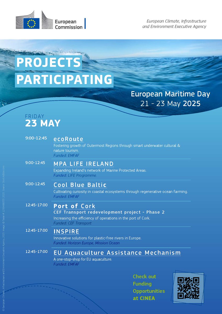 💡We are proud to highlight the 12 remarkable EU projects that will be at the EU stand at the European Maritime Day!

Their innovations make a crucial contribution for a sustainable blue economy in Europe.🇪🇺

Come and find them at #EMD2025 in Cork this week! 🌊