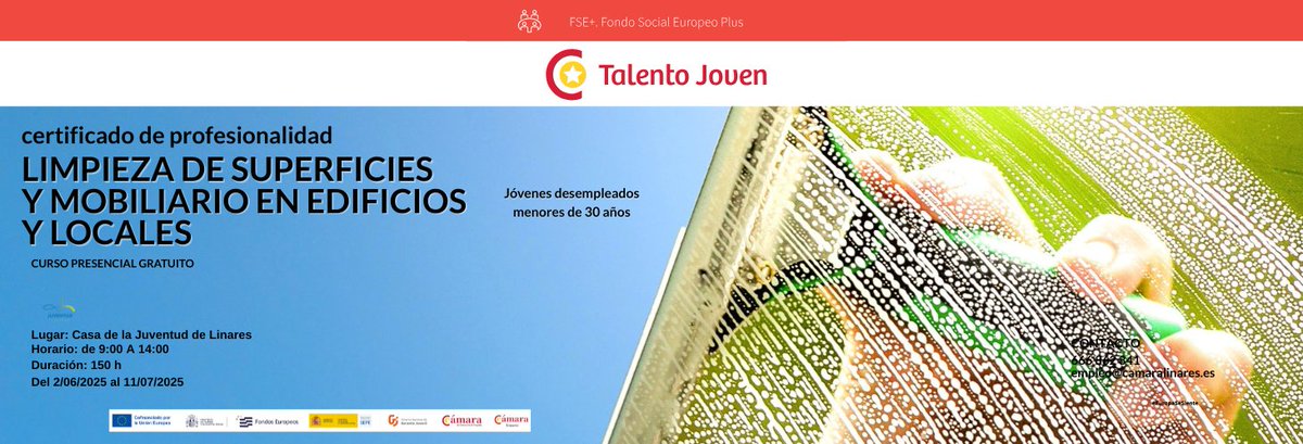 Curso gratuito con CERTIFICADO DE PROFESIONALIDAD: Limpieza de Superficies y Mobiliario en Edificios y Locales podrás acceder a trabajar en la limpieza de edificios públicos, comunidades, oficinas, centros comerciales, ...
Inscríbete ahora: camaralinares.es/2025-talento-j…