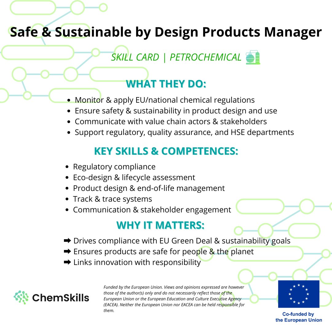 SSbD Products Managers ensure chemicals are safe, sustainable &amp; smart 🌍🔬
They blend eco-design, compliance &amp; lifecycle thinking into product innovation.
#ErasmusPlus #GreenDesign #Sustainability #SSbD #ChemSkillsEU
