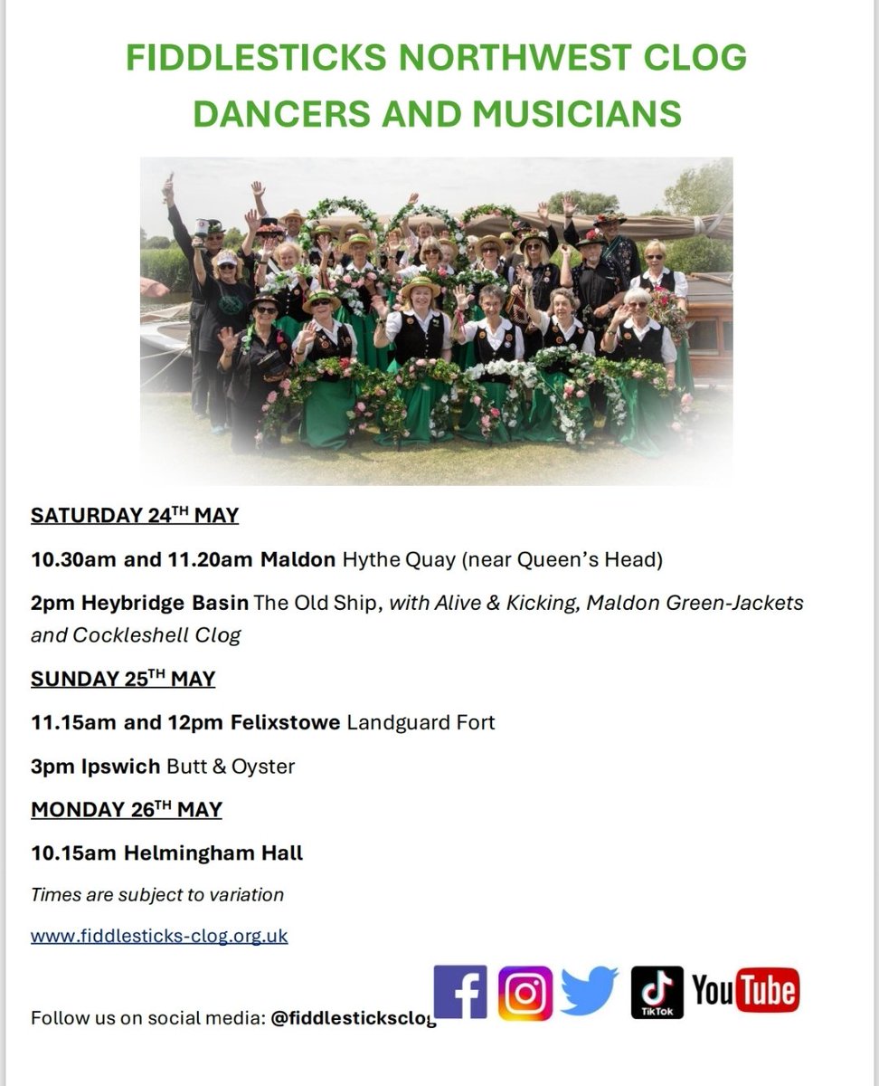 Fiddlestickclog's tweet photo. We are heading on tour! Catch us around Suffolk and Essex over the bank holiday weekend. 
If you are feeling generous, please share with your friends 🙂

#fiddlesticksclog #suffolkevents #essexevents #morrisdancing https://t.co/gZlb4EPOwz