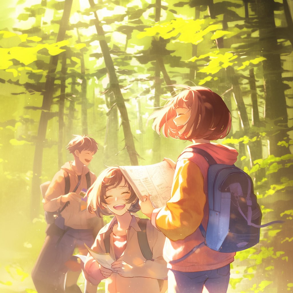 今日は
『 #森林の日 』だったんですね🤓

仲の良いグループで地図を持って、森林浴やオリエンテーリングをしている様子です。

｢さあ！そろそろ、次の目的地へ向かうよ！｣

｢了解！｣

#AI #絵本  #絵本作家への道 #イラスト