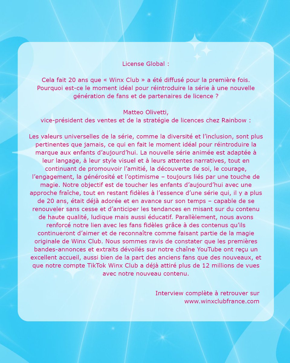 Winx Club prépare son grand retour ✨
Nouveau reboot, nouveaux enjeux, mais toujours autant de magie 💫 Matteo Olivetti (Rainbow) nous dit tout dans une interview exclusive 👇

🔗 winxclubfrance.com/2025/05/10-min…

#WinxClub #Netflix #LicensingExpo2025