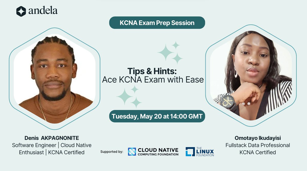 Excited to be speaking today at the KCNA Exam Prep Session hosted by the Kubernetes African Developer Program by <a href="/Andela/">Andela</a> !

I'll be sharing tips &amp; hints on how to prepare and pass the KCNA certification 🚀

#Kubernetes #cncf