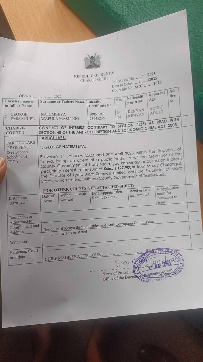 nairobiDailyNew's tweet image. Governor George Natembeya&apos;s Charge Sheet