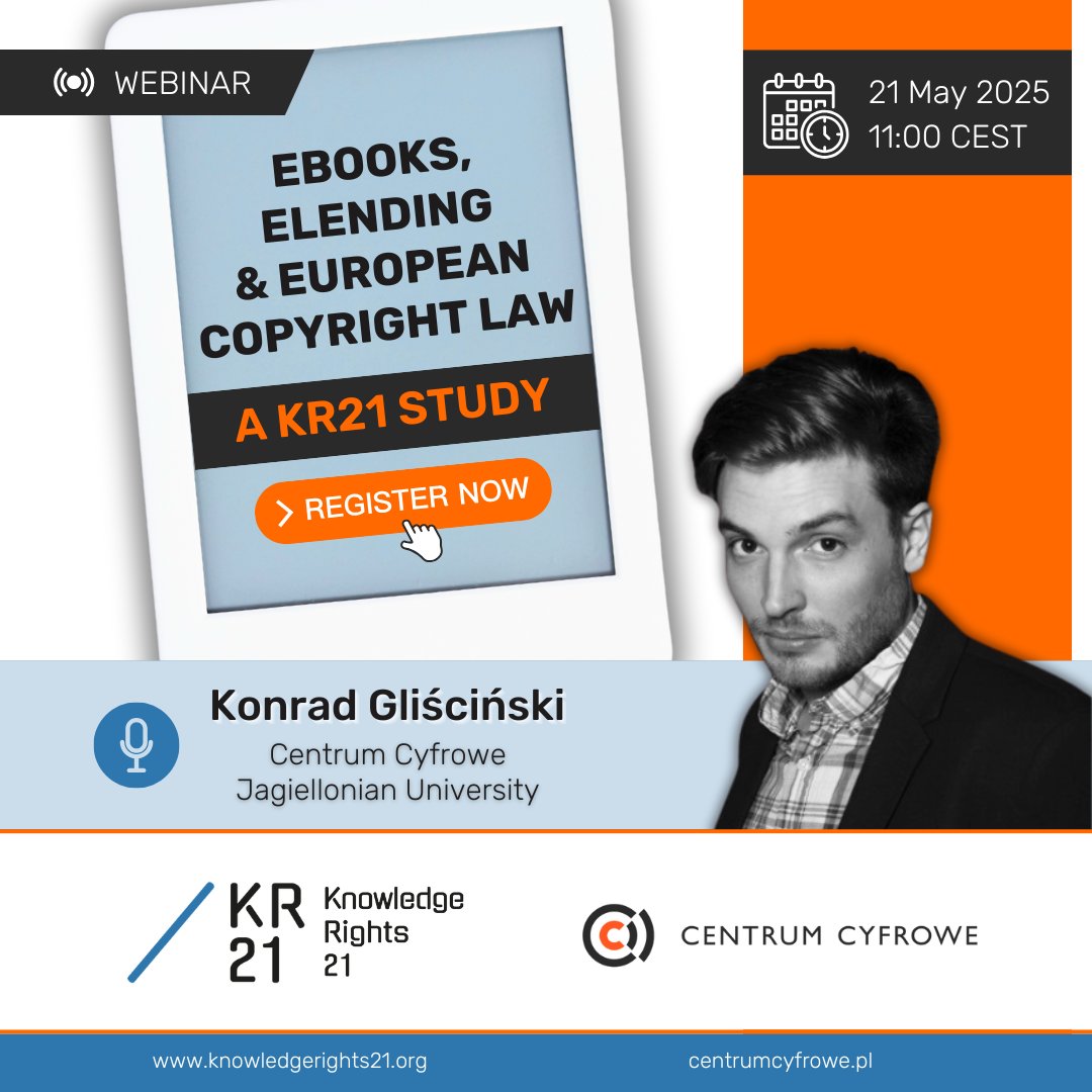 KR21org's tweet photo. @centrumcyfrowe @JagiellonskiUni 5/ 📣 Don't miss out! Join the KR21 webinar tomorrow, 21 May, with report author Dr. Gliściński to learn all about (i)SDL and get your questions answered 👇
↪️ Register now: https://t.co/wqqtT2gYyV
↪️ Webinar details: https://t.co/aizDxRv9Kg
#eBooks #eLending #eBookSOS #SDL https://t.co/49B1AqZhoa