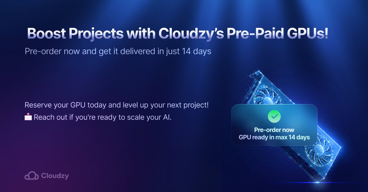 cloudzyvps's tweet image. Power up your AI/ML projects with Cloudzy’s Pre-Paid GPUs!
Pre-order now and get delivery in 14 days.

Blazing-fast acceleration
Scalable &amp;amp; budget-friendly
99.95% uptime
24/7 support

Reserve your GPU today: 
cloudzy.com/gpu-vps/

#AI #MachineLearning #GPU #Cloudzy