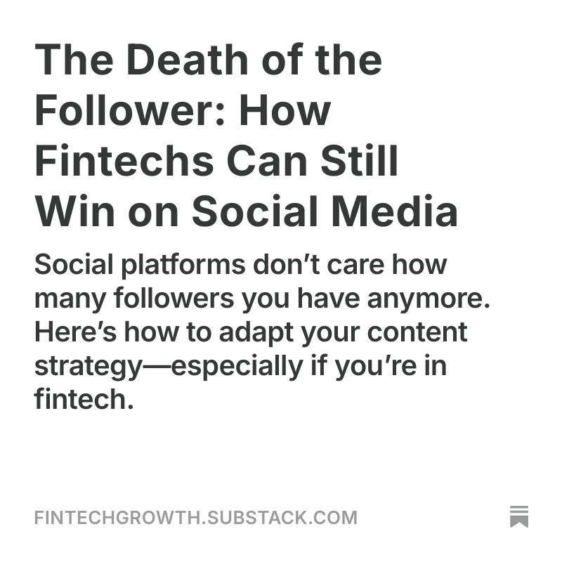 The follower era is over.
You’re not creating for your audience—you’re creating for the algorithm - whether you like or not.

Link fintechgrowth.substack.com/p/the-death-of…
 
#fintech #growth