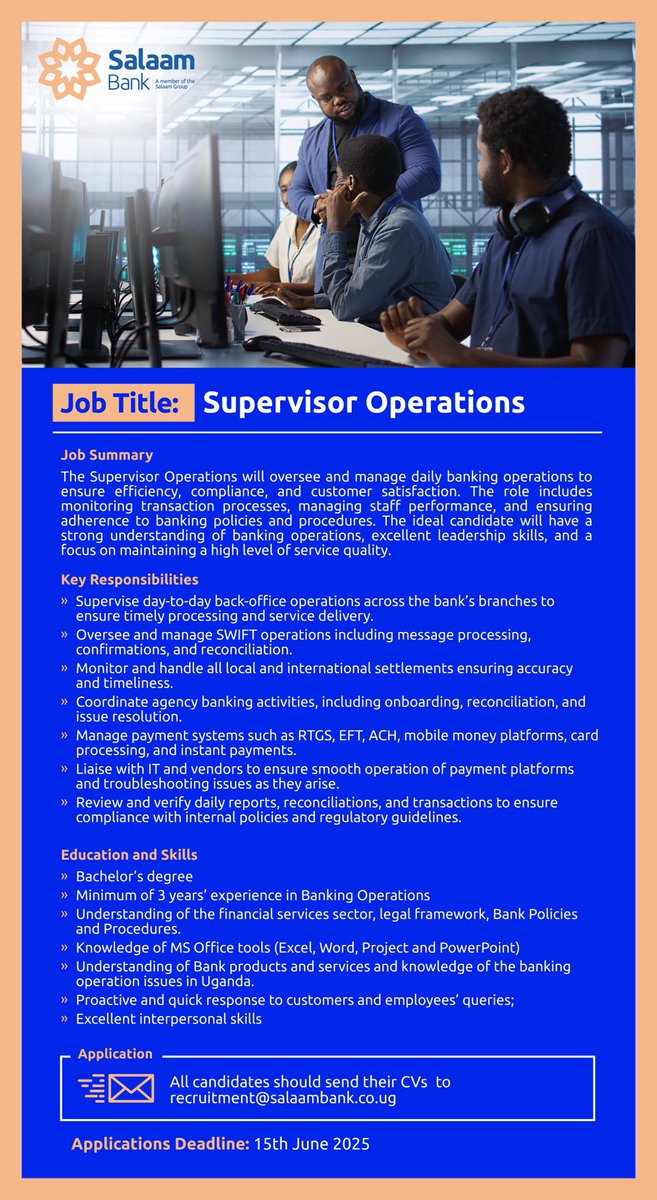 📌Job Ad
Apply via recruitment@salaambank.co.ug