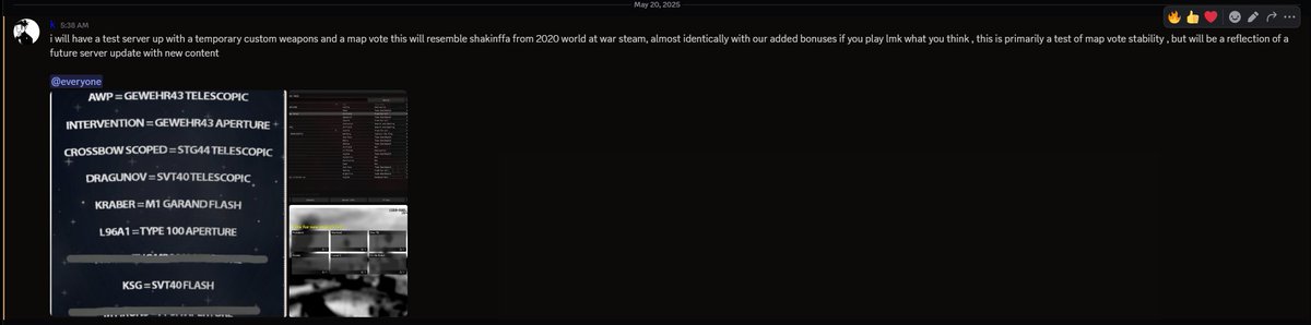 Theres a new World at war test server up with new custom weapons and a map vote as well as all of the features of the main server give it a try and let me know what you think
discord.gg/UwNPQW28sv