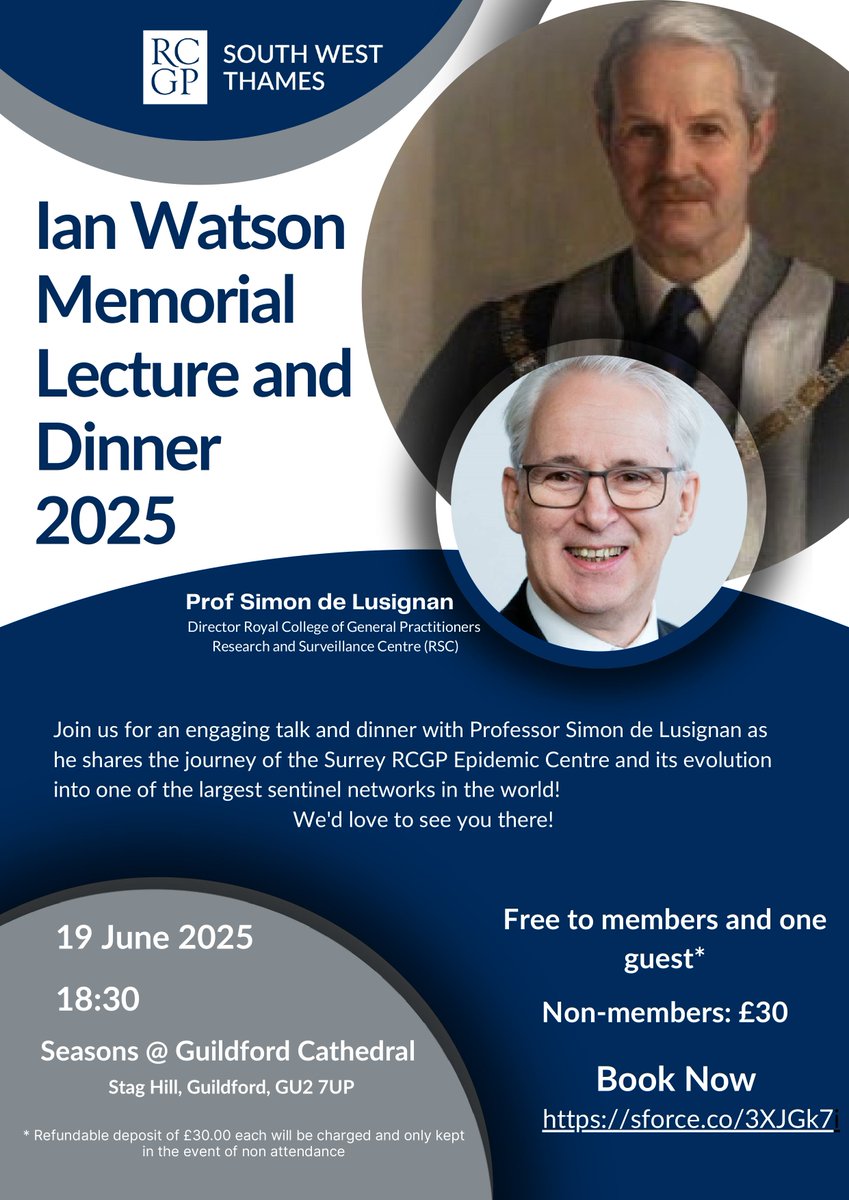 Ian Watson Memorial lecture 
Thursday 19th June – 18:30  in Guildford!
This will be a history of the RSC with its roots in the RCGP Epidemic centre. 
Free for GPs and a guest 
Student discount code SWT20. 
Bookings at:
rcgp.my.site.com/s/lt-event?id=…